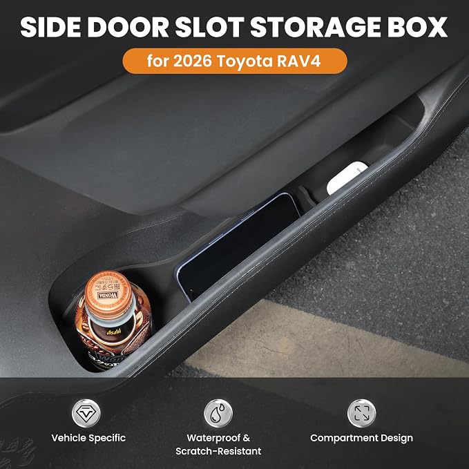 Autorder Door Side Storage Box for 2026 Toyota RAV4 Accessories - 4PCS Waterproof TPE Front & Rear Door Side Pocket Organizer Tray - Black