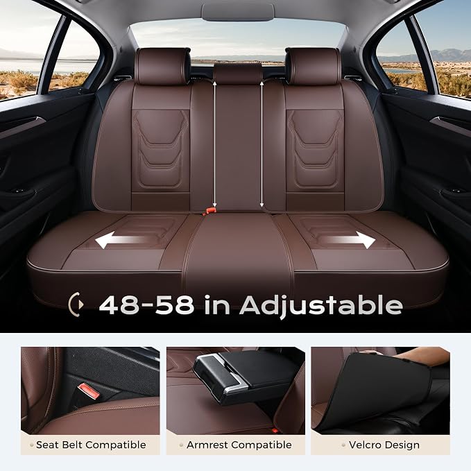 Coverado Car Seat Covers Full Sets, 5 Piece Car Seat Protector Waterproof Leather Seat Cushion Universal Fit for Truck Automotive Vehicles Brown