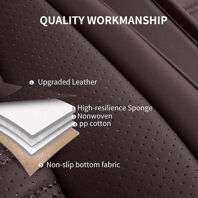 HChengkikz Nappa Leather Car Seat Covers Full Set, Brown Car seat Protector 5 Seats, Waterproof Car Seat Cushion, Universal Automotive Seat Covers Fit for SUV Truck Pick-up Sedan, Front and Rear