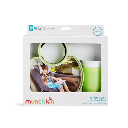 Munchkin Carseat Tray with Miracle 360 Sippy Cup for Toddlers 1-3 - Travel & Road Trip Accessory for Kids, Mess-Free Snacking and Spill Proof Drinking in The Car, Green