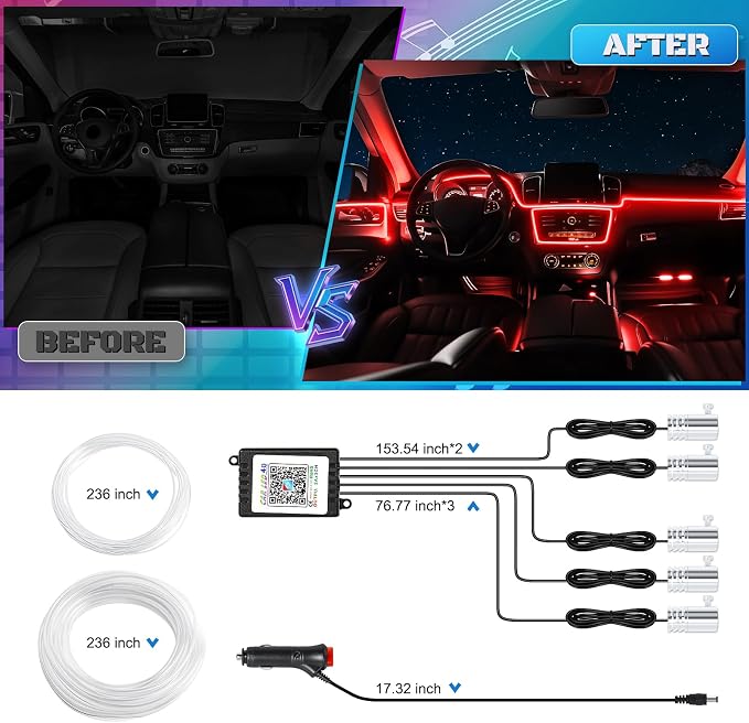 Car LED Interior Strip Light- Wireless Bluetooth APP Control, Multicolor RGB 5 in 1 with 236 inches Fiber Optic Ambient Lighting Kits, 16 Million Colors Sound Active Neon Led Lights Strip for Car