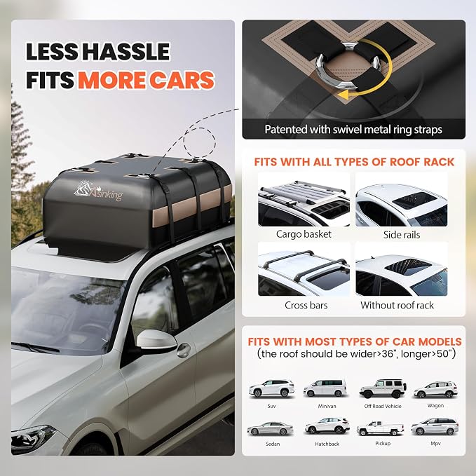 Asinking Car Rooftop Cargo Carrier Bag, 15 Cubic Feet Waterproof Roof Cargo Bag for Sedan SUV Minivan, Fit Vehicles with/Without Roof Rack, Sidebars & Crossbars - Max Size 44" L x34 W x17 H