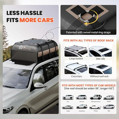 Asinking Car Rooftop Cargo Carrier Bag, 15 Cubic Feet Waterproof Roof Cargo Bag for Sedan SUV Minivan, Fit Vehicles with/Without Roof Rack, Sidebars & Crossbars - Max Size 44" L x34 W x17 H