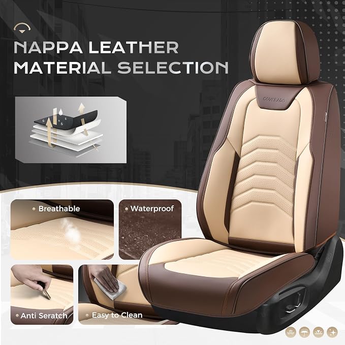 Coverado Seat Covers for Cars, 5 Seats Seat Covers Full Set, Faux Leather Seat Covers for Cars, Automotive Seat Covers Universal Car Seat Protector Seat Cushion Fit for Most Cars Trucks, Coffee&Beige