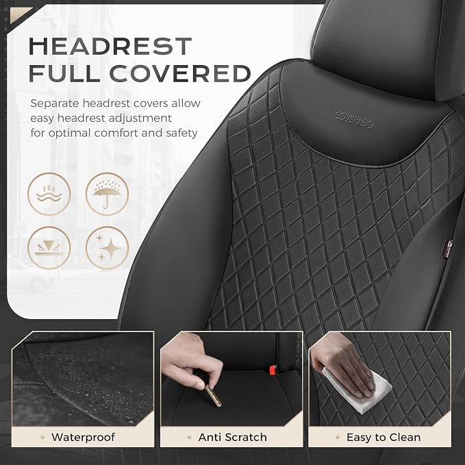 Coverado Seat Covers Full Set, 5 Seat Black Car Seat Covers, Leather Car Seat Protectors, Automotive Front and Back Seat Covers, Waterproof Car Seat Cushions Universal Fit for Most Sedan, SUV, Truck