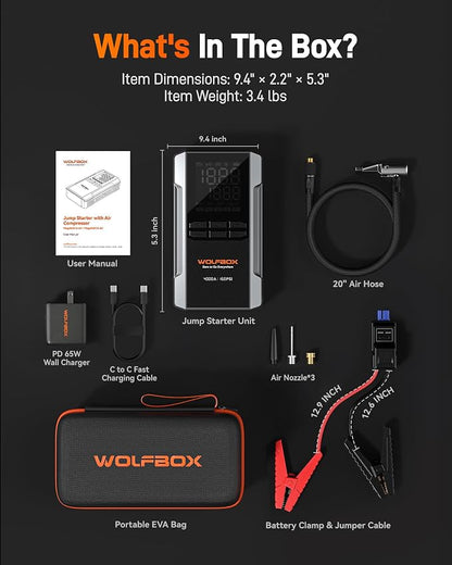WOLFBOX 4000A Jump Starter with Air Compressor, 88.8Wh Car Battery Jumper Starter Portable(10L Gas/10L Diesel), 12V Booster Jump Box Pack with 160PSI Tire Inflator, 65W Fast Charger, Jumper Cables