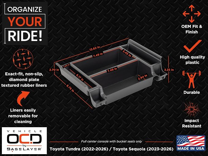 Vehicle OCD - Center Console Organizer Tray for Toyota Tundra (2022-2026) / Sequoia (2023-2026) – Made in USA - NOT Compatible with Center Console Safe - SLX184