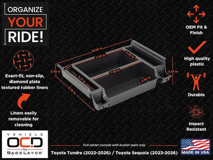 Vehicle OCD - Center Console Organizer Tray for Toyota Tundra (2022-2026) / Sequoia (2023-2026) – Made in USA - NOT Compatible with Center Console Safe - SLX184