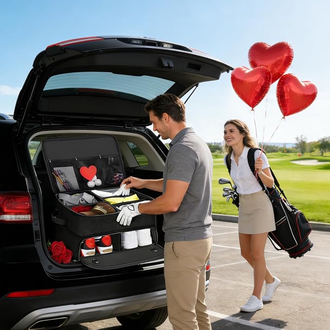 Golf Trunk Organizer 2 Layer with Separate Compartment for 2 Pair of Shoes, Golf Bag Storage for Car, Waterproof,Trunk Locker for Balls, Tees,Gloves