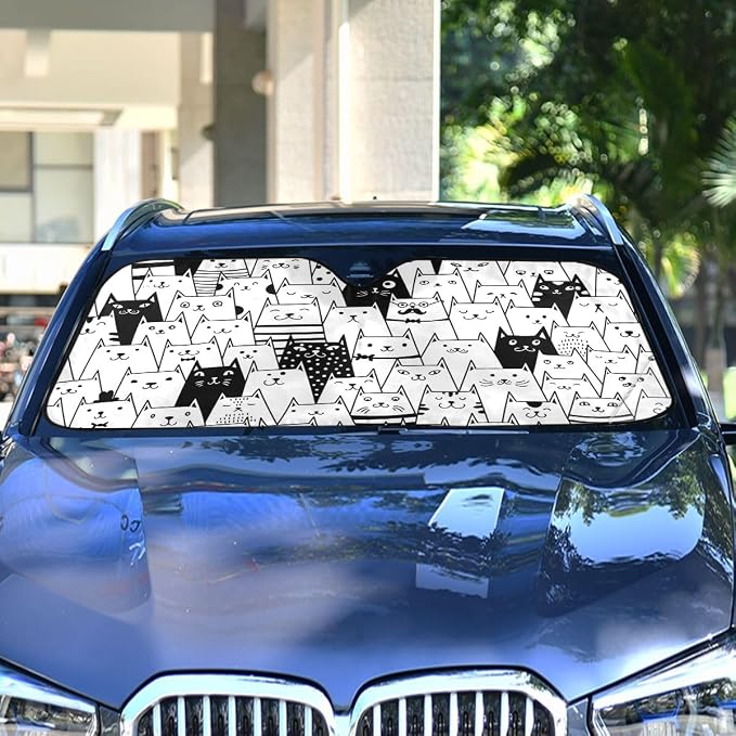 Funny Cat Car Windshield Sun Shade Cute Black White Kitty Animal Foldable UV Ray Sun Visor Protector Sunshade to Keep Your Vehicle Cool (55" x 27.6")