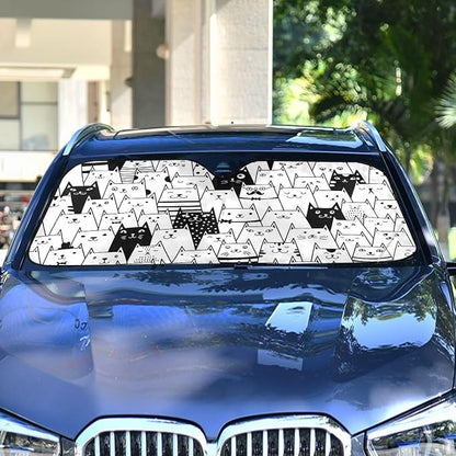 Funny Cat Car Windshield Sun Shade Cute Black White Kitty Animal Foldable UV Ray Sun Visor Protector Sunshade to Keep Your Vehicle Cool (55" x 27.6")