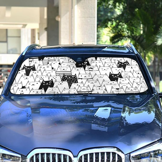 Funny Cat Car Windshield Sun Shade Cute Black White Kitty Animal Foldable UV Ray Sun Visor Protector Sunshade to Keep Your Vehicle Cool (55" x 27.6")