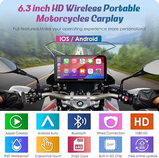 Carpuride W603B Motorcycle Carplay Screen for BMW R1200GS R1250GS S1000XR Motorcycle, 6.3 inch Waterproof Touchscreen, Portable Carplay/Android Auto GPS Navigation for Motorbike