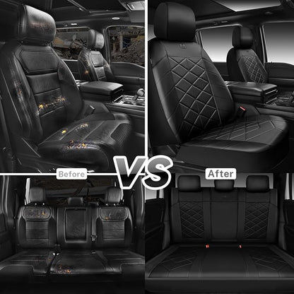 CAR PASS Memory Foam Leather Car Seat Covers Full Set, Breathable Perforated Nappa Leather Seat Covers Full Set, Comfort Universal Fit for Most SUV Truck Sedan, Airbag Compatible 5 Seats All Black