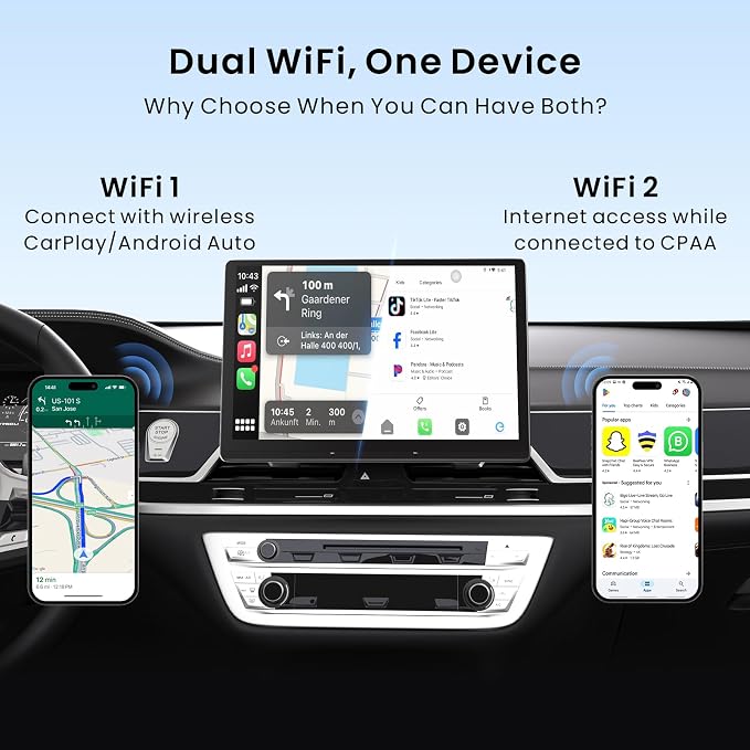 Wireless CarPlay & Android Auto Adapter, 4GB+32GB Magic AI Box | Newly Upgraded AI Assistant, Dual-WiFi Stability, Video & Music Apps, Compatible with Wired Factory CarPlay and Android Auto