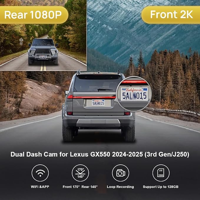 Fitcamx Front 2K+Rear 1080P Dash Cam Adapts for Lexus GX550 2024-2026 Premium Luxury Overtail (Gen3/J250), OEM Look, Dual HD Video, WiFi & APP, Loop Recording, G-Sensor, Easy to Use, 64GB Card