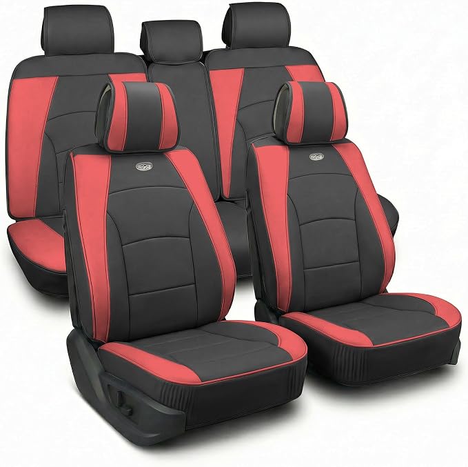FH Group Ultra Comfort Highest Grade Faux Leather Full Set Cushion Pads Car Seat Covers for Front and Rear– Universal Fit for Cars Trucks & SUVs (Burgundy/Black)