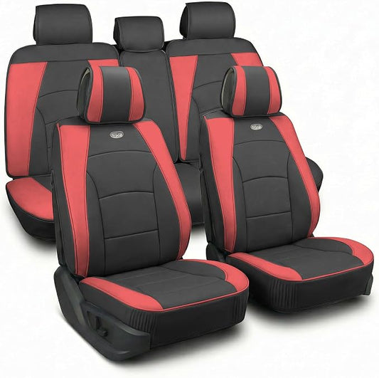 FH Group Ultra Comfort Highest Grade Faux Leather Full Set Cushion Pads Car Seat Covers for Front and Rear– Universal Fit for Cars Trucks & SUVs (Burgundy/Black)