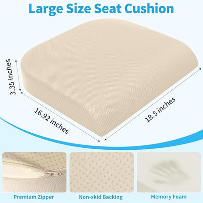 TranquilRelax XLarge Seat Cushion, Memory Foam Cushion for Long Sitting Hours on Office Chair, Home & Car, Non-Slip Chair Pad for Relieving Back & Sciatica & Hip & Coccyx Pain (Khaki)