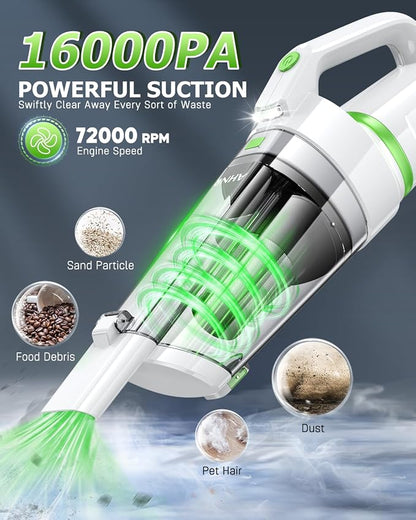 AHNR Handheld Vacuum Cordless, 16000PA Powerful Suction Hand Held Vacuum Cordless Rechargeable with LED Light & 2 HEPA Filters, Portable Car Vacuum Cleaner High Power for Car Home Office