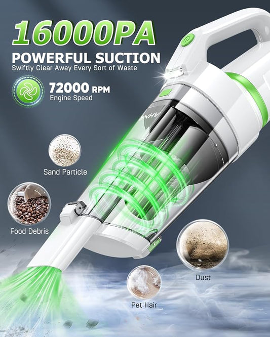 AHNR Handheld Vacuum Cordless, 16000PA Powerful Suction Hand Held Vacuum Cordless Rechargeable with LED Light & 2 HEPA Filters, Portable Car Vacuum Cleaner High Power for Car Home Office