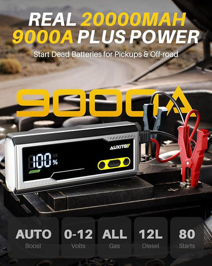 AUXITO 9000A Jump Starter, 12V Car Battery Jump Starter, Up to All Gas/All Diesel Engine with LED Display, 30W Type-C Fast Charging and 168W DC Output, 3-Mode Flashlight, Storage Case