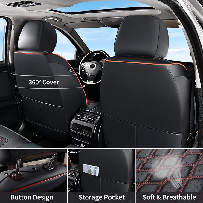 Huidasource Dodge Ram Seat Covers, Front & Rear Pickup Truck Leather Seat Cover Fit for 2009-2018 1500, 2010-2025 2500/3500 Crew Mega Cab, 2019-2025 ram 1500 Classic only(Full Set/Black&Red)