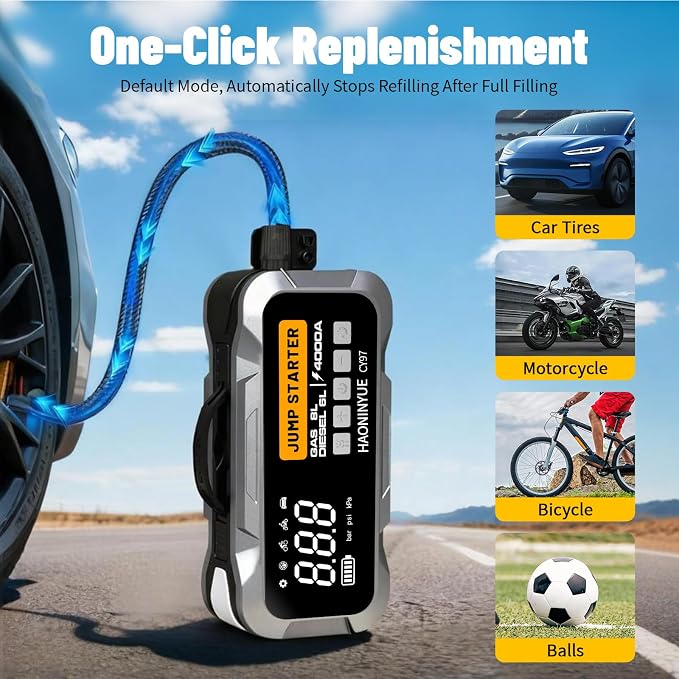 4000A Car Jump Starter with Air Compressor, Car Jumper 150PSI Portable Car Battery Jump Starter, 12V Jump Box Battery Pack (8L Gas 6L Diesel Engine) with Boost, LEDLight and Jumper Cables