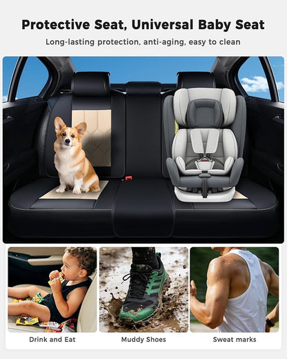 Huidasource Seat Covers Full Set, Universal Fit for Most Cars SUV Trucks, Full Coverage Leather Seat Cover, Airbag, Cupholder Compatible, Seat Function Retain, Easy Install with Velcro, Black & Beige