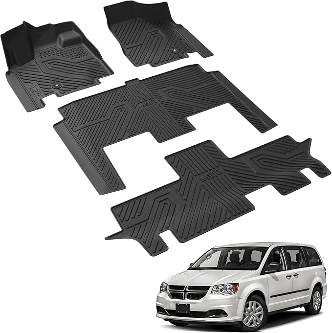 LASFIT Floor Mats for Dodge Grand Caravan 2008-2020 & Chrysler Town & Country 2008-2016 (Stow’n Go Only) 7-Seater All Weather TPE Car Mats 1st, 2nd and 3nd Row Full Set Floor Liners, Black