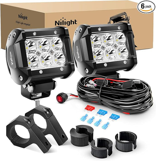Nilight ZH059 2PCS 4 Inch 18W Spot LED Light Mounting Bracket Horizontal Bar Tube Clamp with Off Road Wiring Harness-2 Leads (Pack of 6)