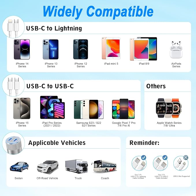iPhone Car Charger Fast Charging, [Apple MFi Certified] 60W Dual USB-C Power Cigarette Lighter Car Charger+Type-C Cable&Lightning Cable for iPhone 16 15 14 13 12 Pro Plus XS XR iPad, Samsung, Carplay