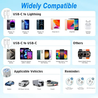 iPhone Car Charger Fast Charging, [Apple MFi Certified] 60W Dual USB-C Power Cigarette Lighter Car Charger+Type-C Cable&Lightning Cable for iPhone 16 15 14 13 12 Pro Plus XS XR iPad, Samsung, Carplay