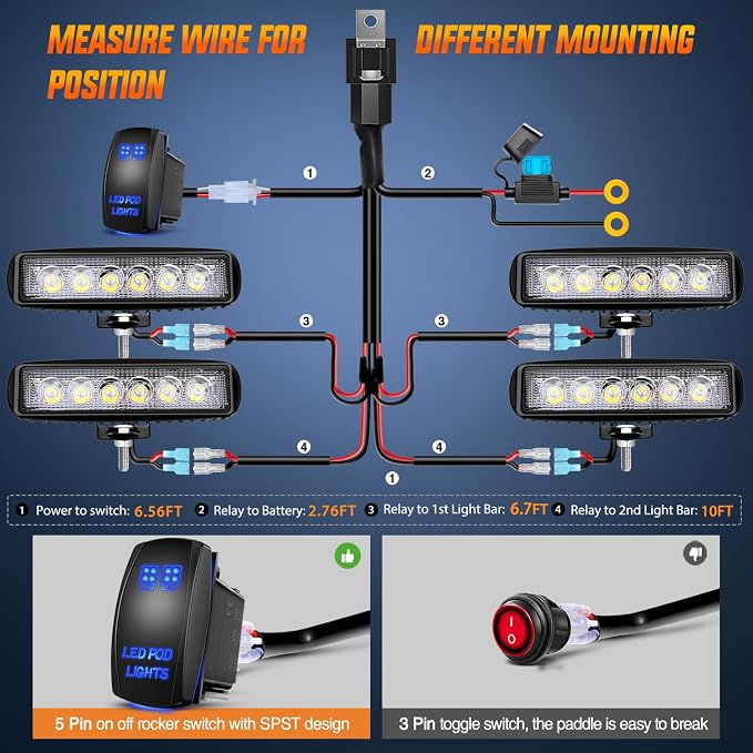 Nilight LED Pods 4PCS 18W 6Inch Flood Offroad Fog Light Bar Waterproof with 16AWG POD Lights Wiring Harness Kit for Boat SUV ATV 4WD Car Truck Golf Cart 12V 24V -4 Leads