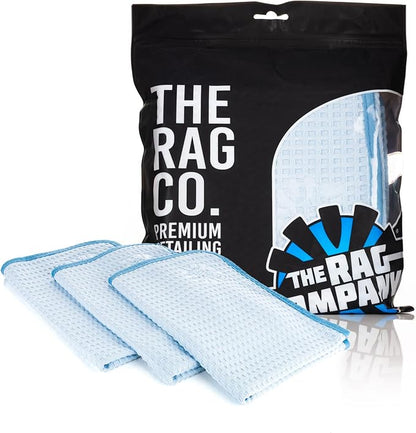 The Rag Company Dry Me A River, Professional Korean 70/30 Blend Microfiber Waffle-Weave Drying & Detailing Towels, Soft Suede Edges, 390 GSM, 16x24 Inches, Light Blue, 3-Pack
