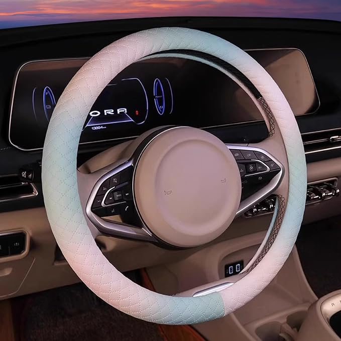 Steering Wheel Cover, with Non-Slip Lining, Cool in Summer Warm in Winter for Men Women, 14.5-15 Inch Non-Slip Breathable Leather Car Steering Wheel Protector