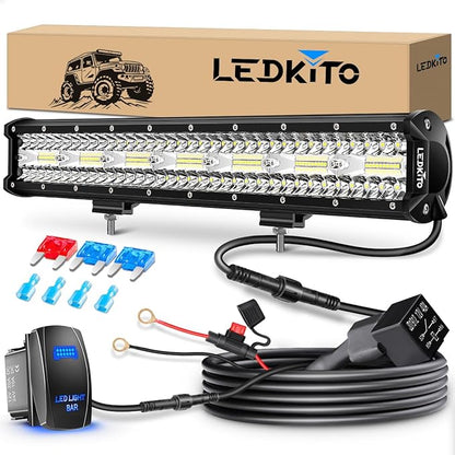 20Inch LED Light Bar Off Road Driving Work Light Kit 280W with Rocker Switch 16AWG Wiring Harness Triple Row Spot Flood Combo Light Bars for Trucks SUV UTV ATV UTE Pickup Tractor Golf Boat