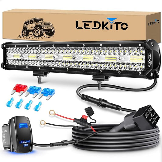 20Inch LED Light Bar Off Road Driving Work Light Kit 280W with Rocker Switch 16AWG Wiring Harness Triple Row Spot Flood Combo Light Bars for Trucks SUV UTV ATV UTE Pickup Tractor Golf Boat
