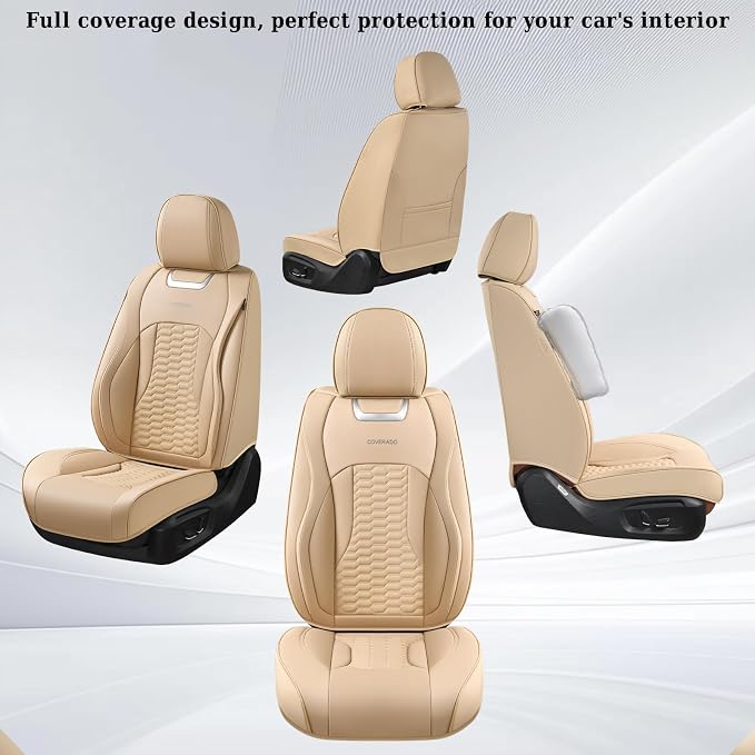 Coverado Car Seat Covers Front Seats, Luxury Leather Seat Covers for Cars, Automotive Car Seat Covers Protector Universal Fit Most Sedans, SUVs, Pick-up Trucks Interior Accessories(Beige)