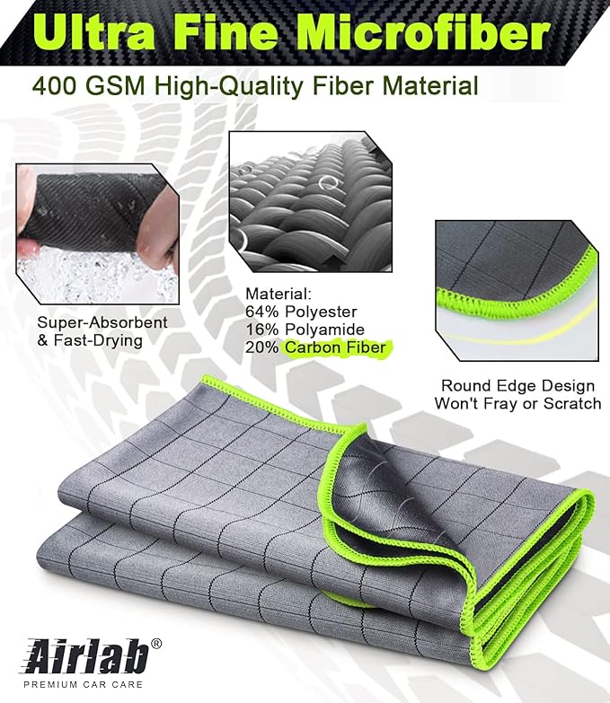 Airlab Carbon Microfiber Towels for Car Glass Window Polishing Cleaning Cloth Auto Detailing Lint Free Streak Free Drying Car Wash Large Towel, Pack of 2, 20" x 16", Grey-Green