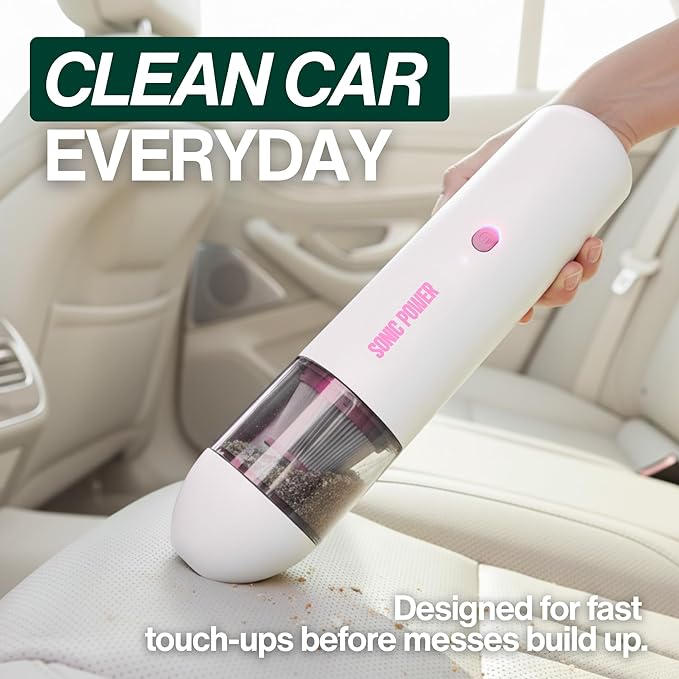 SonicPower Portable Cordless Car Vacuum, 15000Pa High Suction Handheld Vacuum Cleaner, 2-in-1 Vacuum & Blower, with 4 Attachments & Portable Storage Bag for Car, Home, Pet & Office (White & Pink)