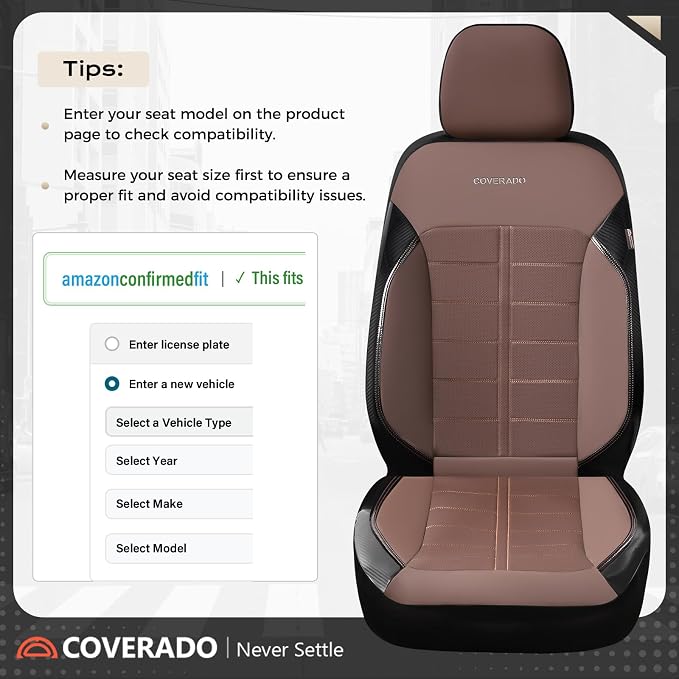 Coverado Full Set Leather Car Seat Covers, Crafted with Full Leather Construction and Carbon Fibre Weave Universal Fit for Most Cars SUV Trucks(Coffee