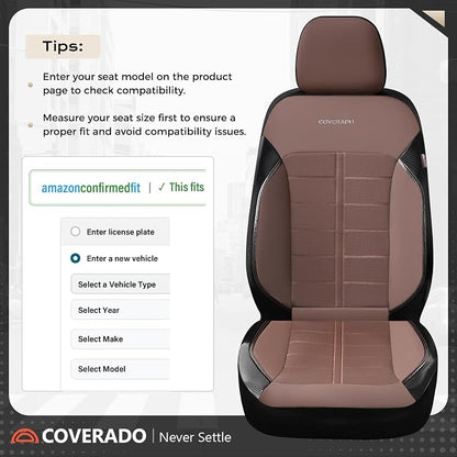 Coverado Front Seat Leather Covers, Full Leather Construction with Carbon Fibre Weave, Universal Fit for Most Cars SUV Trucks (Coffee)