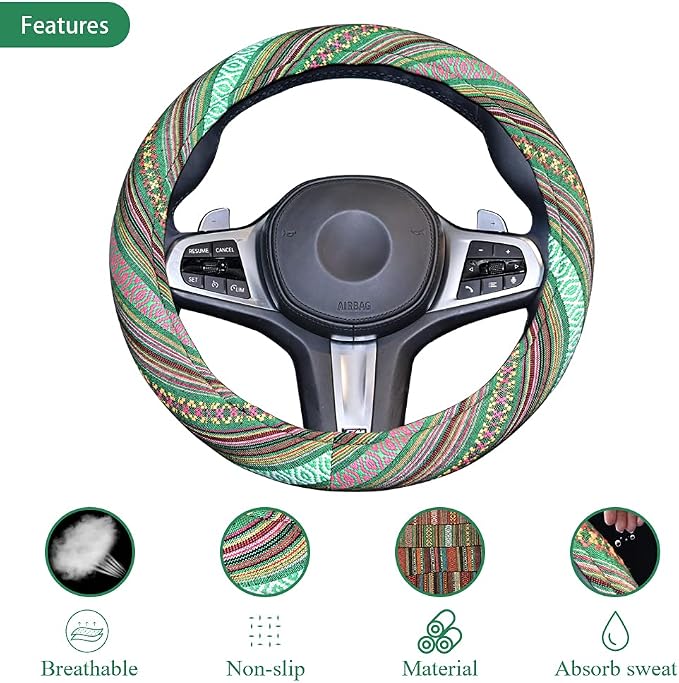 Universal 15inch Ethnic Style Baja Blanket Steering Wheel Cover with Coarse Flax Cloth and Sweat Absorption Anti Slip Car Wrap (Boho Green)