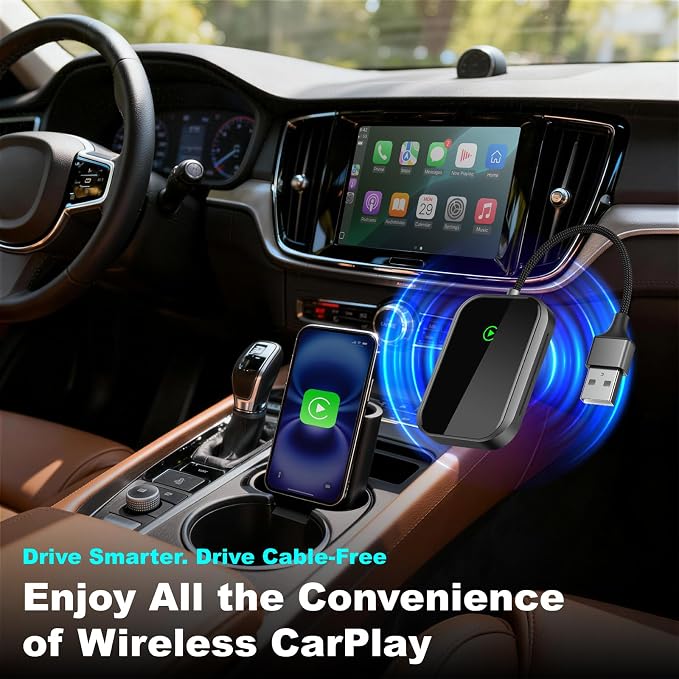 Wireless CarPlay Adapter for iPhone, Apple CarPlay Wireless Adapter USB-C, Bluetooth Connection, Auto-Switch for Multiple iPhones, Fast & Stable, iOS 10+ (Phantom Black)