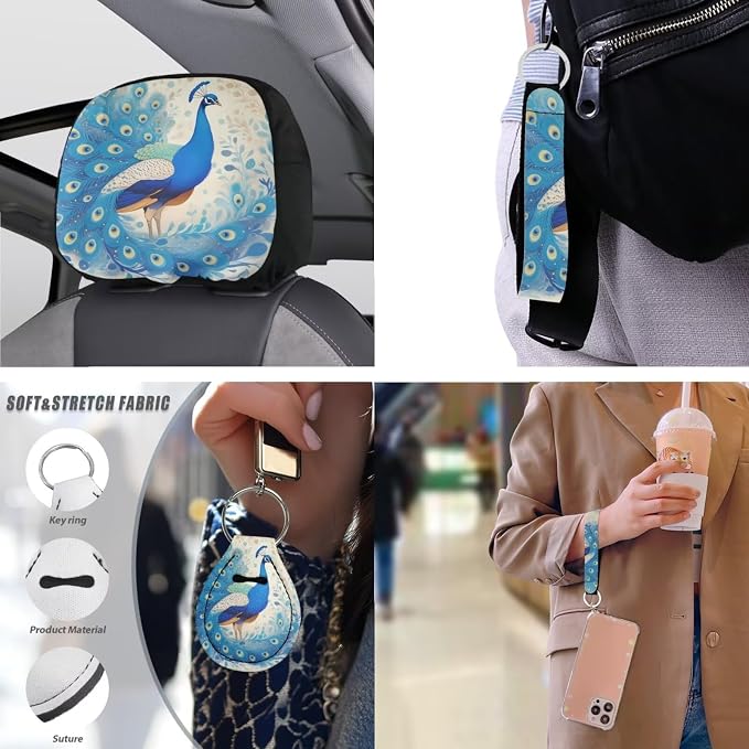 13 Set Blue Peacock Car Seat Cover, Watercolor Peacock Feathers Universal Seat Belt Pads Cup Holder Coasters, Chinoiserie Aesthetics Steering Wheel Cover Armrest Pad