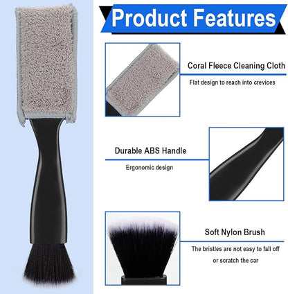 BFXM 2PCS Double Head Brush for Car Clean, Car Accessories Universal 2 in 1 Car Detailing Brush, Double Ended Portable Dust Brush with 4 Cleaning Cloth, for Air Conditioner Outlets, Dashboard Screen