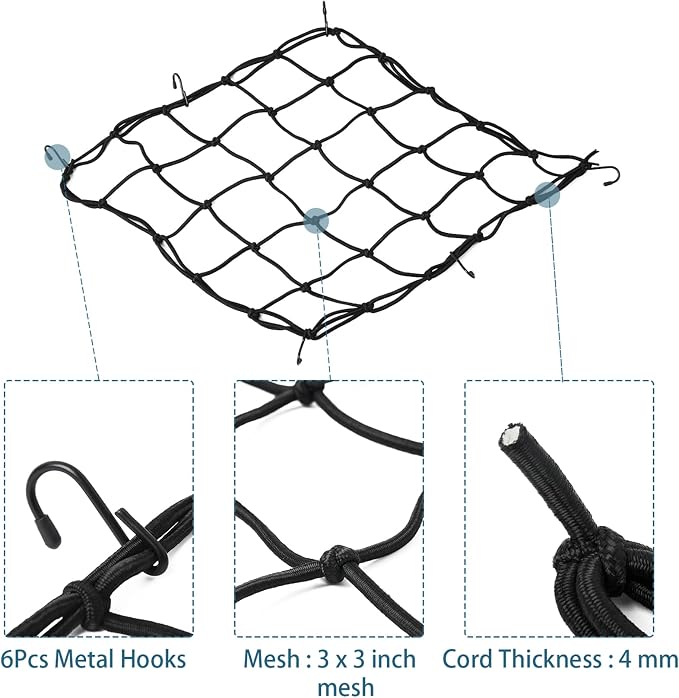 15.7"x15.7" Motorcycle Cargo Net 2Pcs with 2"x2" Small Mesh & 6 Metal Hooks, Stretchable Bungee Net for Helmets, Bikes, Surfboards, ATV, Kayak, Luggage Securing
