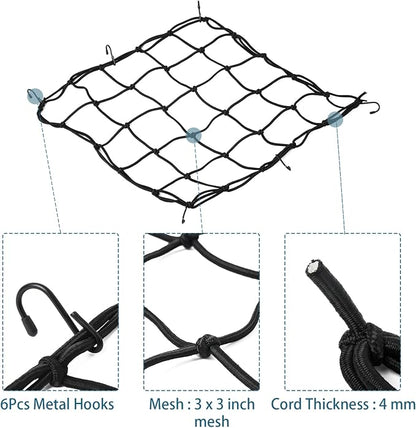 15.7"x15.7" Motorcycle Cargo Net 2Pcs with 2"x2" Small Mesh & 6 Metal Hooks, Stretchable Bungee Net for Helmets, Bikes, Surfboards, ATV, Kayak, Luggage Securing