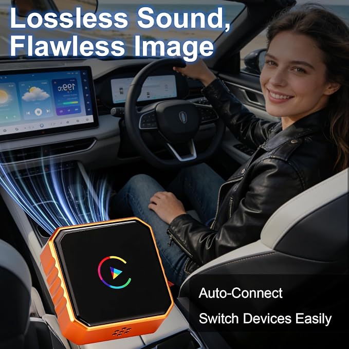 2-in-1 Wireless CarPlay & Android Auto Adapter, Converts Wired to Wireless,Plug & Play Dongle, Fast Auto-Connect No Delay, Compact Design for iPhone & Android with USB/USB-C Port(Orange)